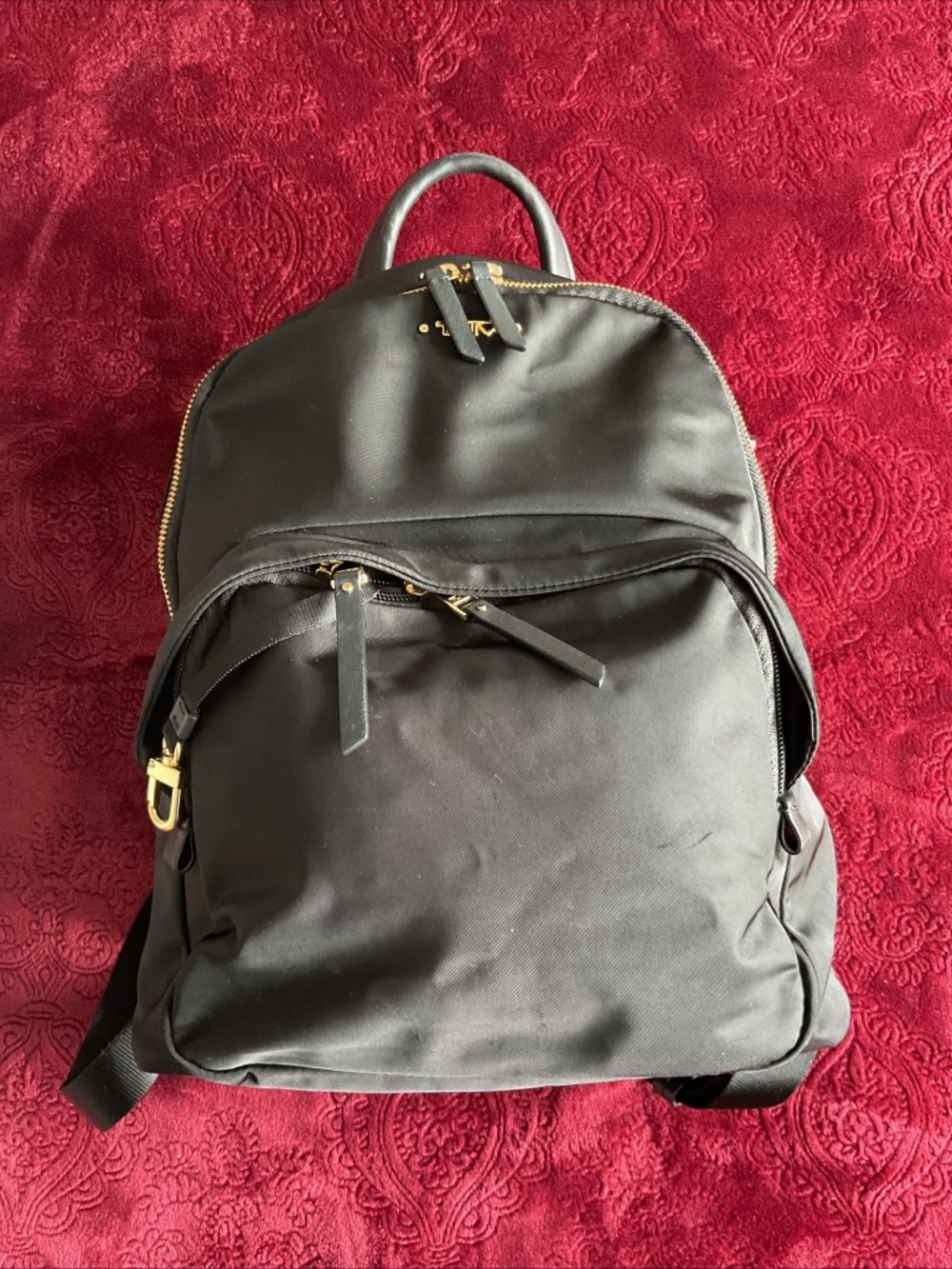 TUMI Dori Backpack Black Nylon Gold Hardware Top Handle Unisex Authentic